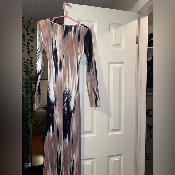 (Illusion Dress)Brush Stroke Print Tie Waist Bodycon Dress - Picture 2 of 2